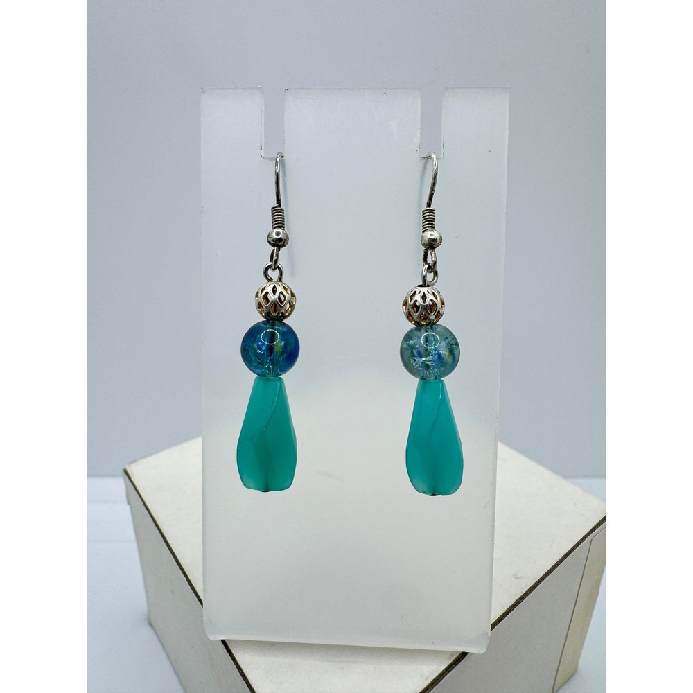 Handmade Teal Geometric Glass Bead Silver Filigree Drop Earrings Shepherd Hook